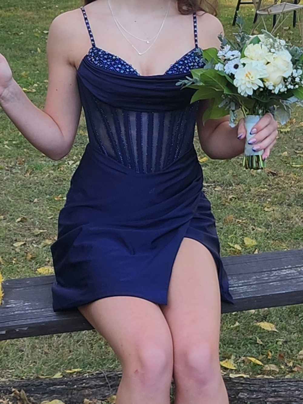 Navy ASHLEYlauren Homecoming Dress with Sheer Beaded Bodice